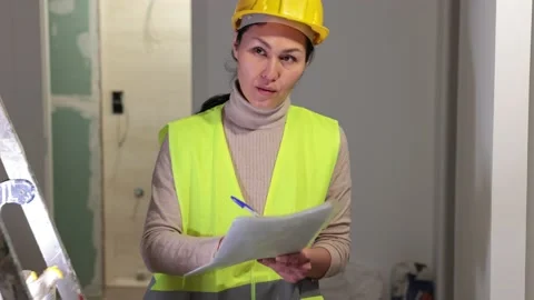 Asian woman engineer checking documents during repair works indoors. 스톡 동영상 225443381