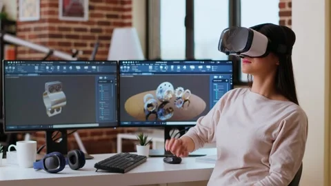 Asian woman engineer creates prototypes with vr glasses and 3D modeling software Stock Footage 319713198