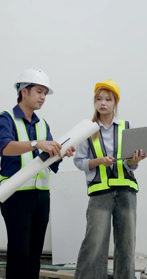 Asian woman engineer points at rolled blueprint while female inspector reads Stock Footage 336539889