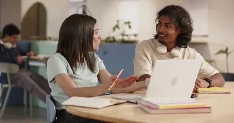 Asian woman explaining while pointing at notes, Indian man checking laptop at Stock Footage 342392542