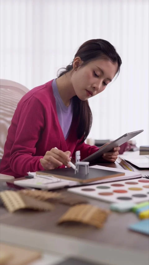 Asian woman interior designer using digital tablet stylus pen designing fur.. Stock Footage 336560609