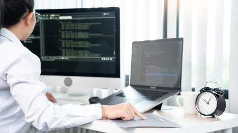 Asian Woman programmer typing source codes Programming On Computer in office, Foto stock