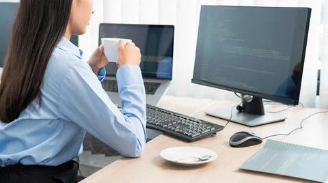 Asian woman programmer typing source code with computer pc for Developing pro Stockfoto's