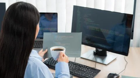 Asian woman programmer typing source code with computer pc for Developing pro Foto stock
