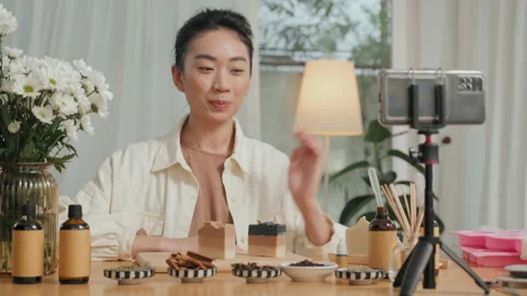 Asian Woman Recording Video Tutorial of Natural Soap Making Vídeos de archivo 239334401