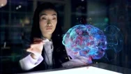 Asian Woman Scientist Work On 3D Simulated Holographic Neural Brain Interface Stock Footage