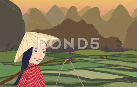 Asian woman sunset Stock Illustration