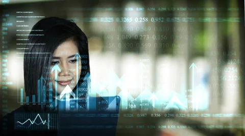 Asian Woman Tablet Data With Digital Overlay Stock Footage