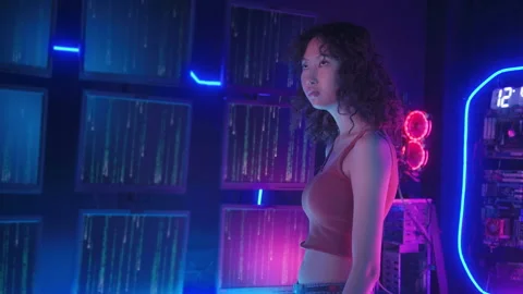 An Asian woman is touching interface on virtual reality screen , Technology f Vídeo Stock 232946308