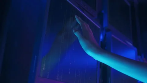 An Asian woman is touching interface on virtual reality screen , Technology f Stockbeeldmateriaal 232946372
