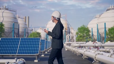 Asian Woman Use Tablet While Walking and Looking Around at Energy Complex Stock Footage 330173897