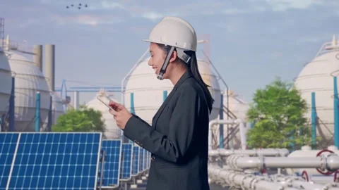 Asian Woman Use Tablet While Walking and Looking Around at Energy Complex Stock Footage 330174073