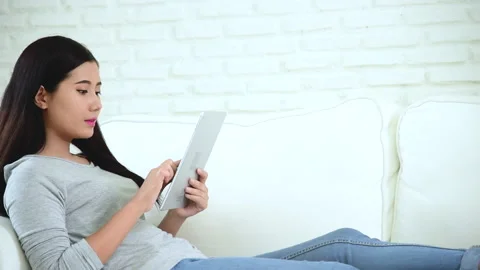 Asian woman using digital tablet shopping online, call, texting message internet Video stock 159845517