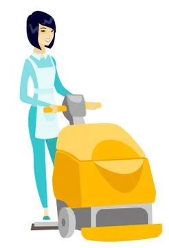 Asian worker cleaning store floor with machine. Stock Illustration