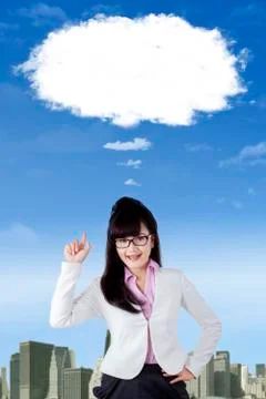 Asian worker with cloud thinking idea Stock Photos