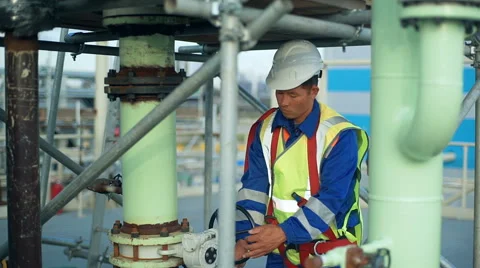 Asian worker rotating wheel at large oil refinery Stockbeeldmateriaal 66906306