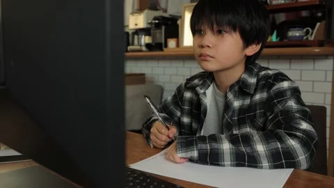 Asian young boy studying in front of computer monitor. Stock Footage 221360952