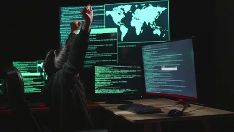 Asian Young Girl Hacker Using Multiple Computer Hacking And Success Downloading Stock Footage 160570229