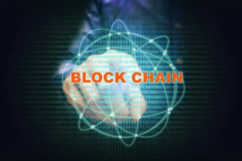 Asian young man pointing virtual screen blockchain connection and binary code Stock Illustration