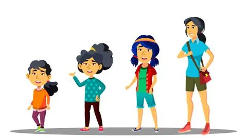 Asiatic Generation Female Set Vector. Mother, Daughter, Granddaughter, Baby Stock Illustration