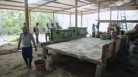Asiatic men in respirators sort garbage. shovels scoop up waste. Stock Footage 230700997