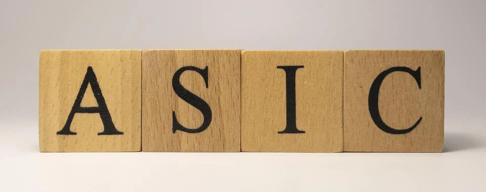 The ASIC code chain was created from wooden cubes. Industry and technology. Stock-Fotos