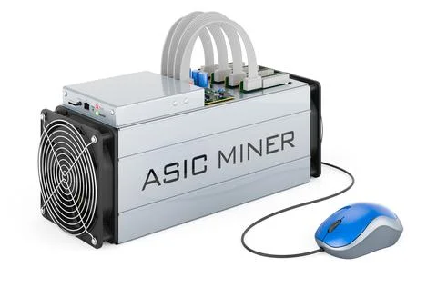 ASIC miner with computer mouse. 3D rendering Stock Illustration