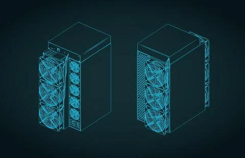 ASIC miner crypto currency mining hardware isometric blueprint illustration Stock Illustration