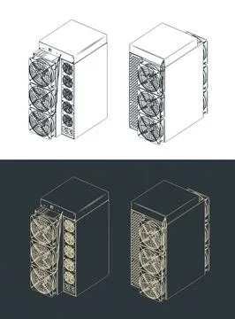 ASIC miner crypto currency mining hardware isometric blueprint Stock Illustration