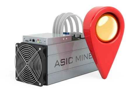 ASIC miner with map pointer, 3D rendering Stock Illustration