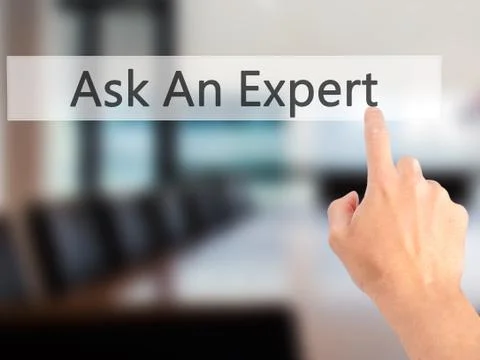 Ask An Expert - Hand pressing a button on blurred background concept on visua Stockfoto's