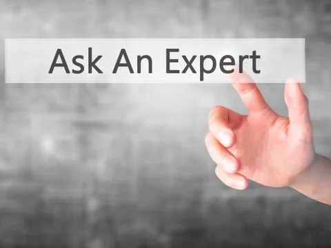 Ask An Expert - Hand pressing a button on blurred background concept on visua Stockfoto's