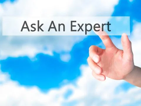 Ask An Expert - Hand pressing a button on blurred background concept on visua Stock Photos