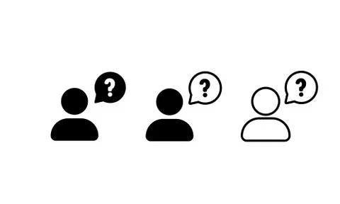 Ask icon set. Faq icon. Help with people and question mark and bubble. Speaking Stock Illustration
