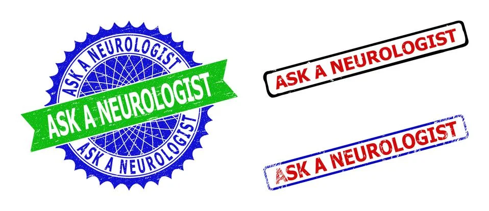 ASK A NEUROLOGIST Rosette and Rectangle Bicolor Stamps with Unclean Surfaces Stock Illustration