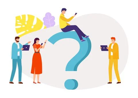 Ask question request tiny character together sitting question mark, search Illustrazione stock