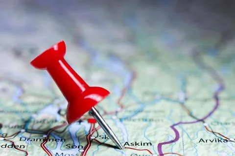 Askim, Norway pin on map Foto stock