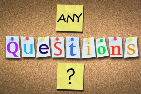 Asking for questions after a presentation on cork billboard Stock-Fotos