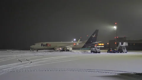 ASL Airlines FedEx Express Boeing 737 Parked On A Snowy Brno - Turany Stock Footage 229366606