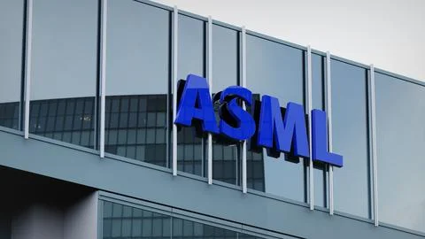 ASML Stock data presented on the logo of the office facade editorial Stock Photos