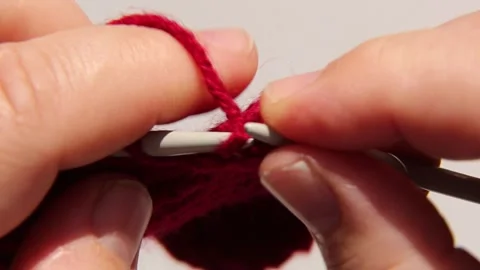 ASMR Deep Red Yarn Knitting Pattern Formation With Careful Hand Movements Stock Footage 311564120