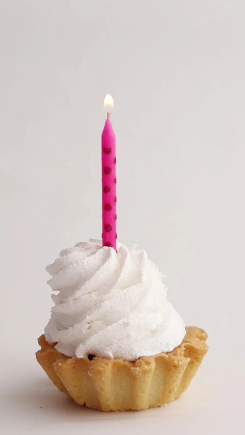 ASMR Pink Dotted Candle on Vanilla Tart with Creamy Topping Stock Footage 309853752