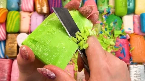 Asmr Soap Cutting  Girls Hands Sharp Knife Satisfying Slicing Session Video Stock Footage 311091453