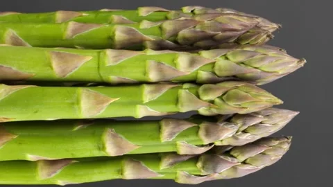Asparagus sprouts form a large bunch rotating on a gray background. Vertical Stock Footage 247667351