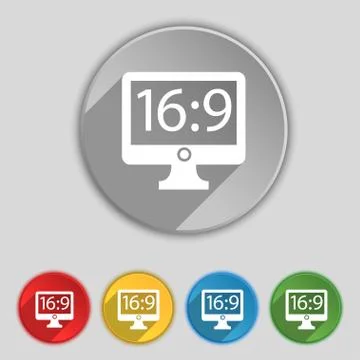 Aspect ratio 16 9 widescreen tv icon sign. Symbol on five flat buttons. Stock Illustration