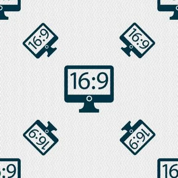Aspect ratio 16:9 widescreen tv icon sign. Seamless pattern with geometric te Stock Illustration
