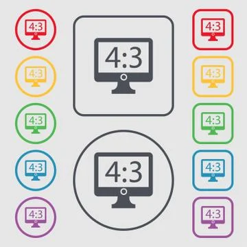 Aspect ratio 4 3 widescreen tv icon sign. Symbols on the Round and square but Stock Illustration