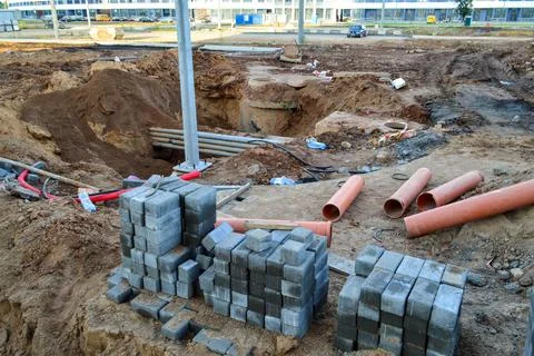 Asphalt bricks lie at a construction site. small gray bricks are stacked flat 写真素材