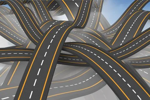 Asphalt highways twisting in 3D render over cloudy sky with yellow edges white Foto stock