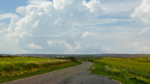 Asphalt road among green fields under cloudy sky Stock Footage 256083258